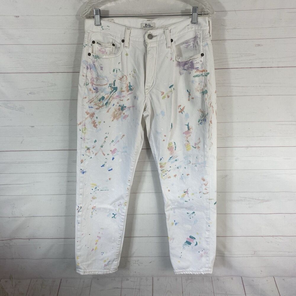 Polo Ralph Lauren Womens Avery Boyfriend Crop Paint Splatter Jeans Sz 27 White